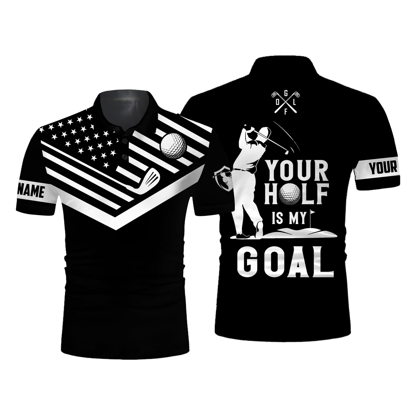 Custom Golf Long Sleeve Men Polo Shirt-Custom Name White American Flag, Your Hole Is My Goal Men Golf Polo Shirt  For Men, Golf Lover