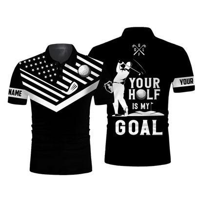 Custom Golf Long Sleeve Men Polo Shirt-Custom Name White American Flag, Your Hole Is My Goal Men Golf Polo Shirt  For Men, Golf Lover