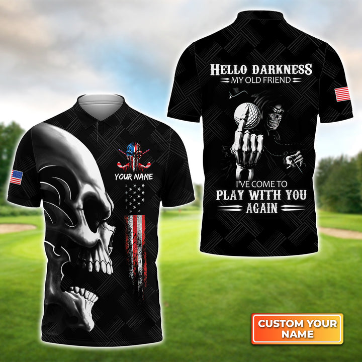 Personalized Golf Men Polo Shirt - Custom Name Skull Shirt, Golf American Flag Hello Darkness My Old Friend Men Polo Shirt For Golf Lover