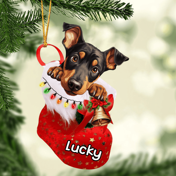 Custom Dog Acrylic Christmas Ornament, Personalized Awesome Doberman Pinscher In Stocking Christmas Acrylic Ornament for Dog Lover