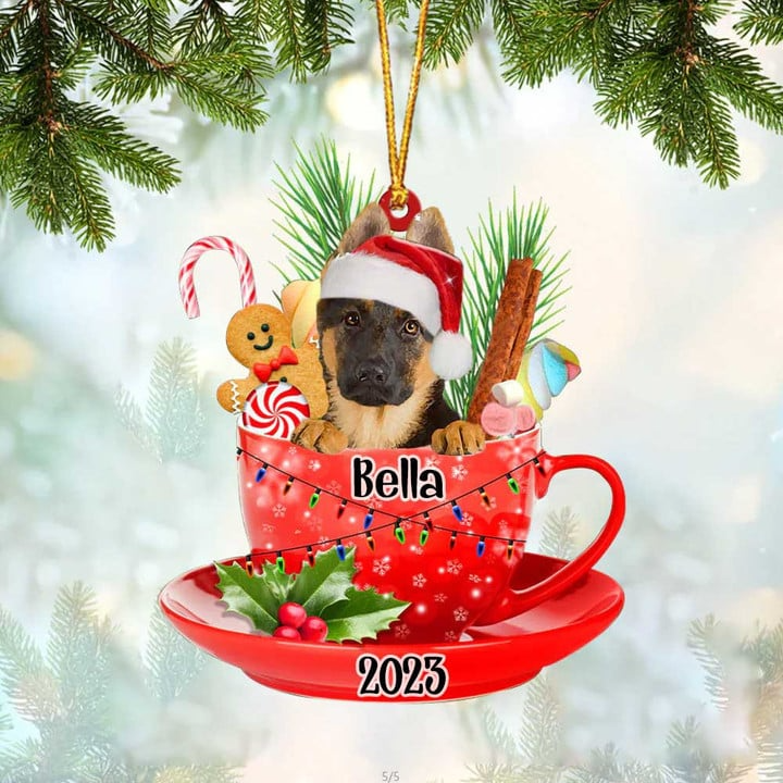 Custom Dog Acrylic Christmas Ornament, Personalized Baby German Shepherd & Santa Hat In Red Cup Christmas Acrylic Ornament for Dog Lover