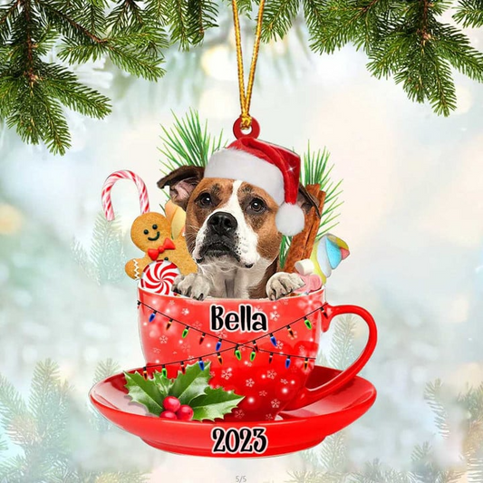 Custom Dog Acrylic Christmas Ornament, Personalized Cute American Bulldog & Santa Hat In Red Cup Christmas Acrylic Ornament for Dog Lover