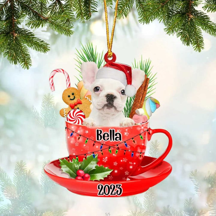 Custom Dog Acrylic Christmas Ornament, Personalized Awesome White French Bulldog & Santa Hat In Red Cup Acrylic Ornament for Dog Lover