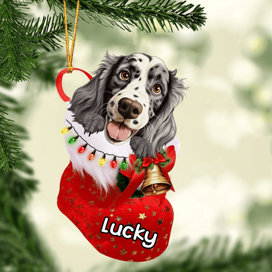 Custom Dog Acrylic Christmas Ornament, Personalized Awesome English Setter In Stocking Christmas Acrylic Ornament for Dog Lover