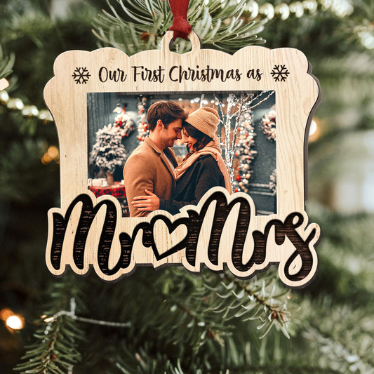 Personalized Wooden Couple Ornament, Our First Christmas As Mr & Mrs Photo Wooden Ornament For Christmas, Best Personalized Presents For Couple, Newlyweds