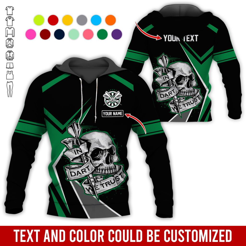 Customized Name & Text Darts Skull Premium Hoodie, In Darts We Trust Skull Pattern Colorful Hoodie, Perfect Gift For Darts Lovers, Friend, Family