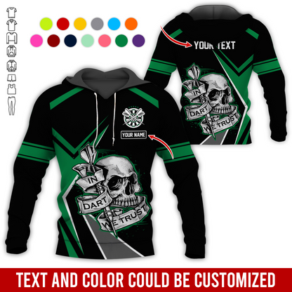 Customized Name & Text Darts Skull Premium Hoodie, In Darts We Trust Skull Pattern Colorful Hoodie, Perfect Gift For Darts Lovers, Friend, Family
