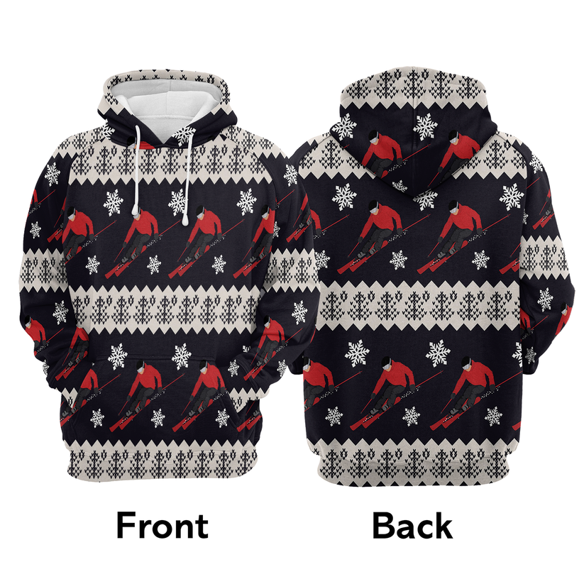 Winter Skiing Xmas Premium Christmas Hoodie, Winter Skiing Unisex Back White Hoodie For Men & Women - Perfect Gift For Christmas, Winter Skiing Lovers