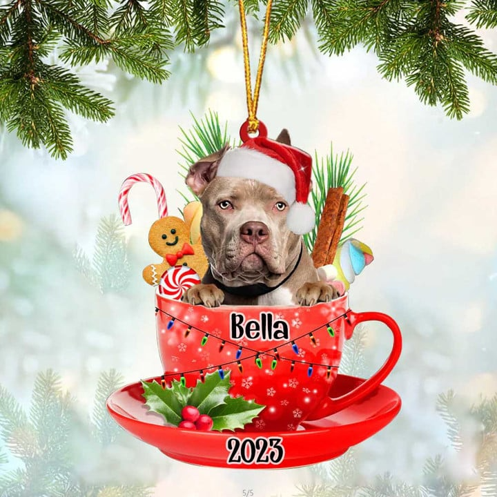 Custom Dog Acrylic Christmas Ornament, Personalized Cute American Bully & Santa Hat In Red Cup Acrylic Ornament for Dog Lover