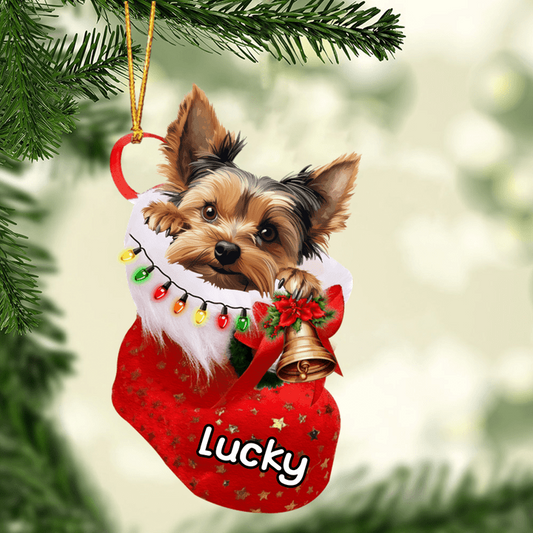 Custom Dog Acrylic Christmas Ornament, Personalized Yorkshire Terrier In Stocking Christmas Acrylic Ornament for Dog Lover, New Year