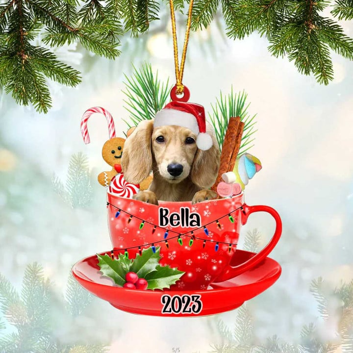 Custom Dog Acrylic Christmas Ornament, Personalized Cream Long Haired Dachshund & Santa Hat In Red Cup Acrylic Ornament for Dog Lover