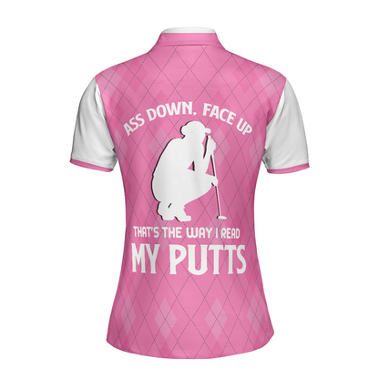 Golf Women Polo Shirt, Ass Down Face Up That's The Way I Read My Putts, Pink Argyle Pattern Women Polo Shirts, Gift For Golfers