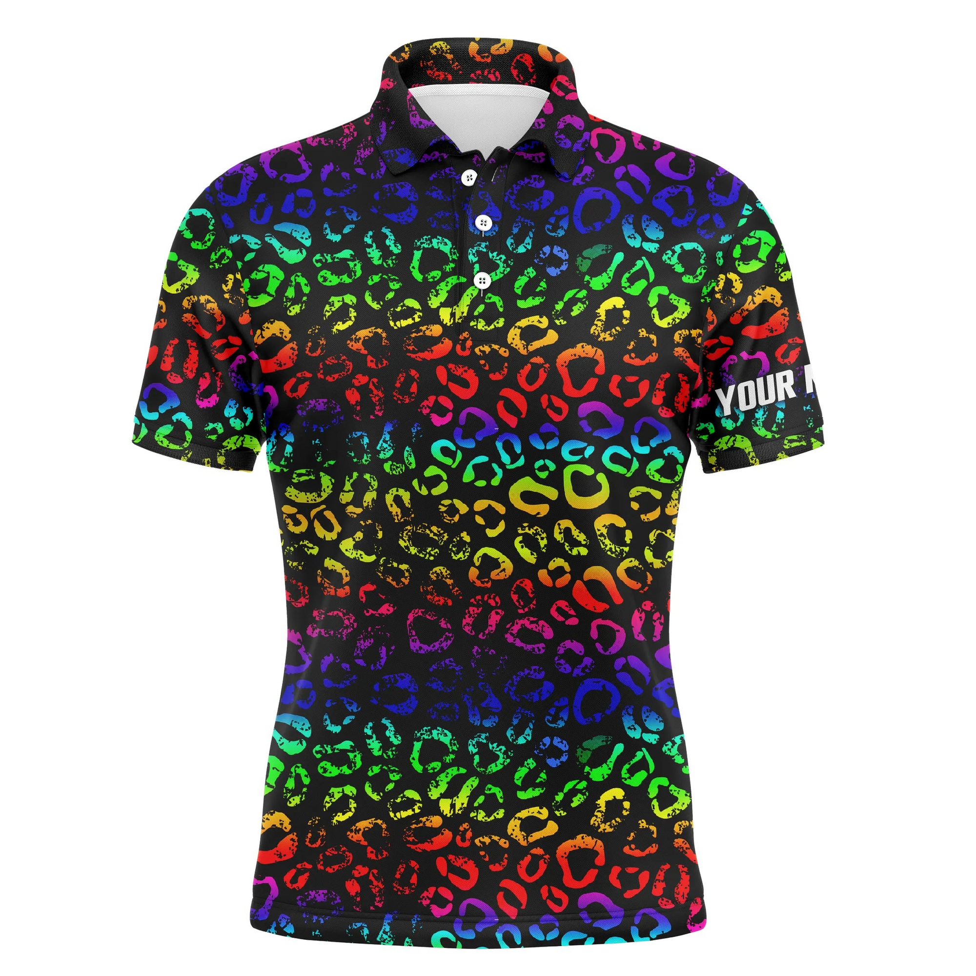 Golf Men Polo Shirt - Custom Name Colorful Neon Rainbow Leopard Pattern Apparel - Personalized Gift For Golf Lover, Team, Husband, Boyfriend, Men