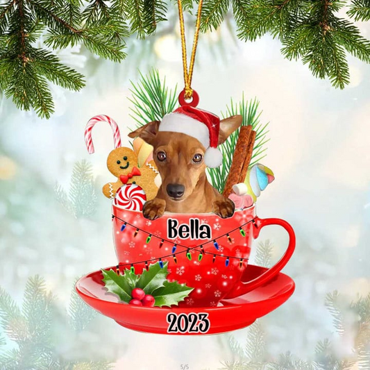 Custom Dog Acrylic Christmas Ornament, Personalized Red Miniature Pinscher & Santa Hat In Red Cup Acrylic Ornament for Dog Lover