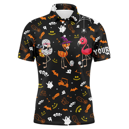 Custom Golf Long Sleeve Men Polo Shirt, Custom Name Orange Black Halloween Background Flamingo Apparel - Perfect Gift For Men, Golf Lovers