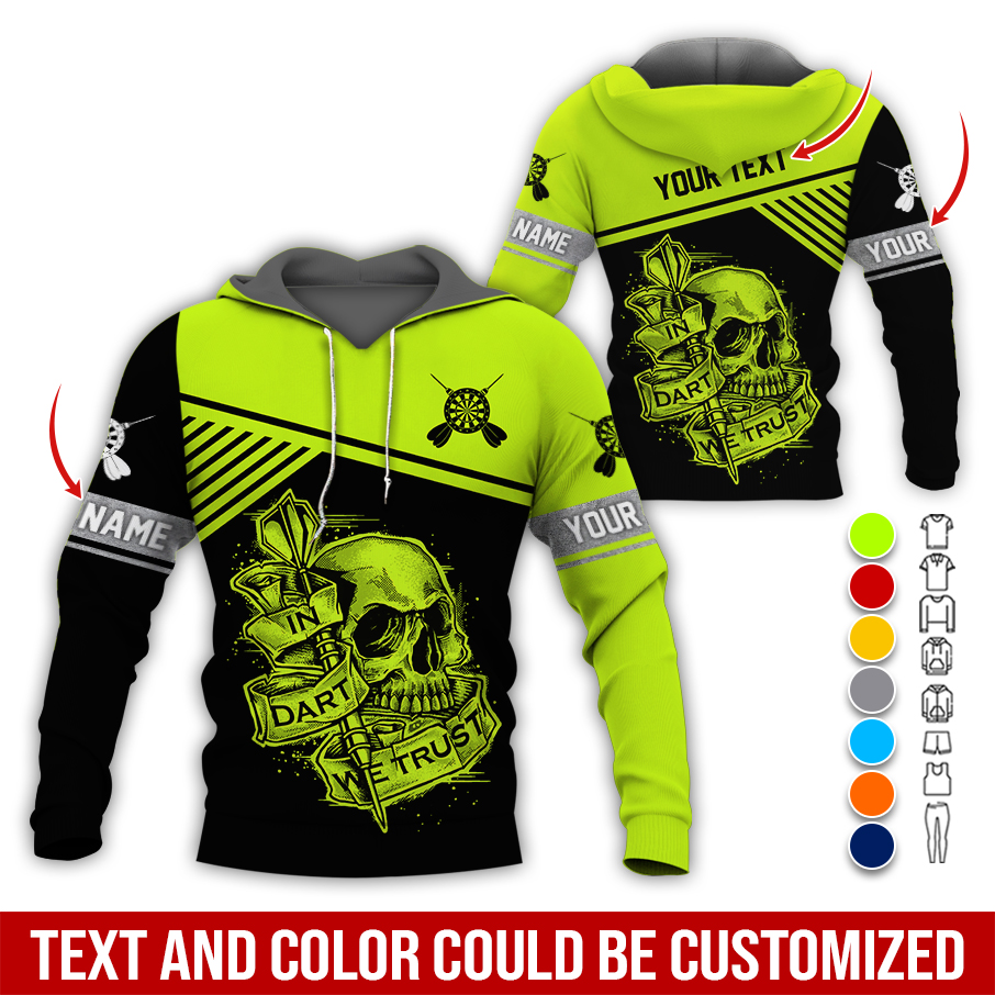 Customized Name & Text Darts Skull Premium Hoodie, In Darts We Trust Skull Pattern Hoodie, Perfect Gift For Darts Lovers, Darts Player