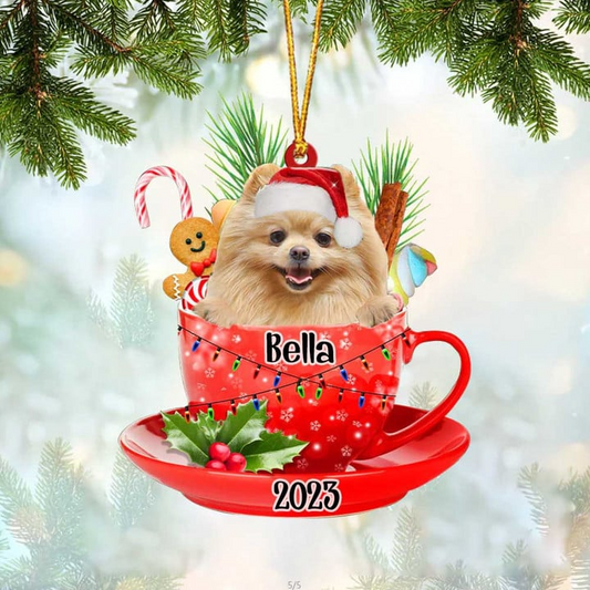 Custom Dog Acrylic Christmas Ornament, Personalized Awesome Cream Pomeranian & Santa Hat In Red Cup Christmas Acrylic Ornament for Dog Lover