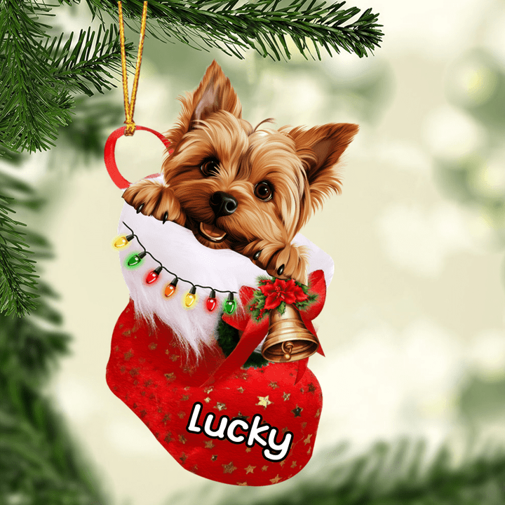 Custom Dog Acrylic Christmas Ornament, Personalized Silky Terrier In Stocking Christmas Acrylic Ornament for Dog Lover, New Year