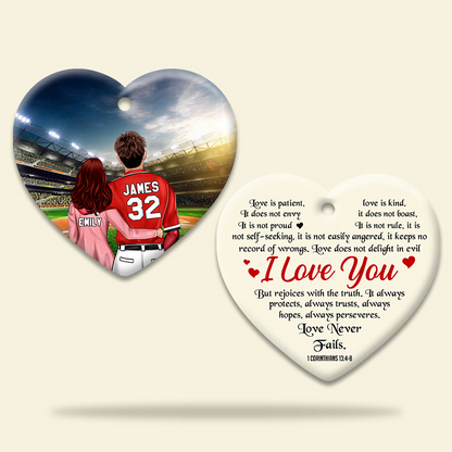 Custom Baseball Ceramic Ornament, Baseball Couple Love Never Fails Heart Ceramic Ornament - Perfect Gift For Couple, Baseball Lover, Christmas, New Year