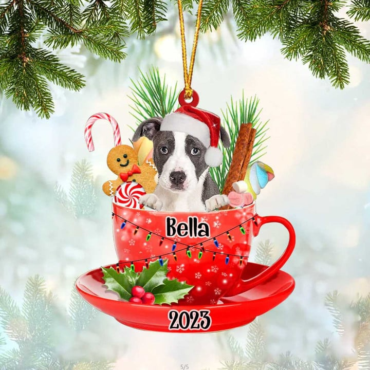 Custom Dog Acrylic Christmas Ornament, Personalized Awesome Pitbull & Santa Hat In Red Cup Christmas Acrylic Ornament for Dog Lover