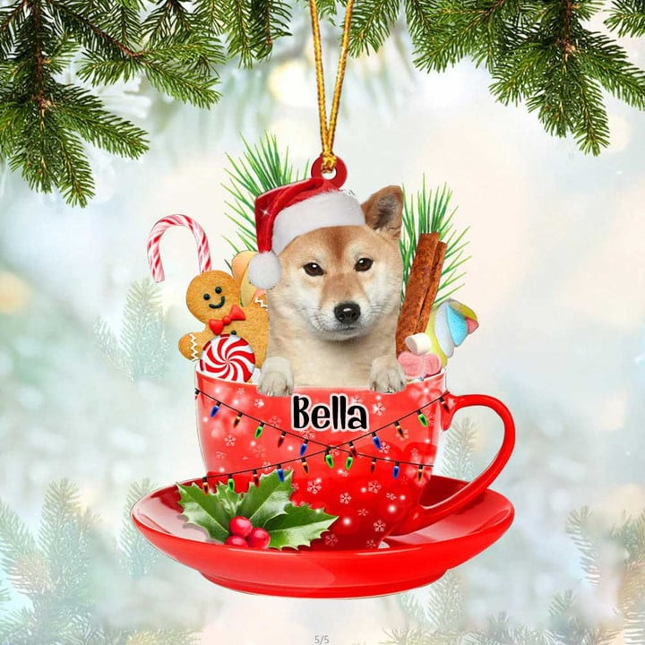 Custom Dog Acrylic Christmas Ornament, Personalized Shiba Inu & Santa Hat In Red Cup Acrylic Ornament for Dog Lover, Christmas, New Year