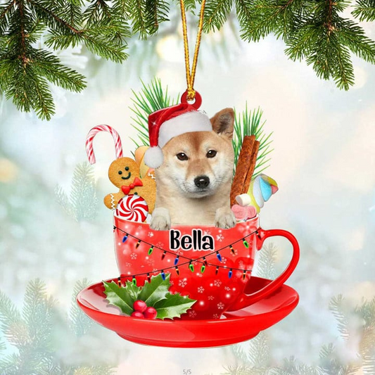 Custom Dog Acrylic Christmas Ornament, Personalized Shiba Inu & Santa Hat In Red Cup Acrylic Ornament for Dog Lover, Christmas, New Year