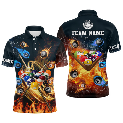 Customized Billiards Men Polo Shirt, Personalized Name Billiard Water and Fire Billiard Polo Shirt For Men, Billiards Lovers
