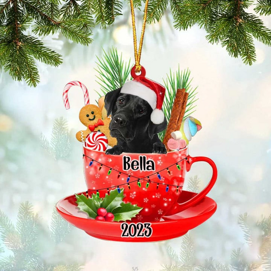 Custom Dog Acrylic Christmas Ornament, Personalized Black Labrador & Santa Hat In Red Cup Acrylic Ornament for Dog Lover,Christmas, New Year