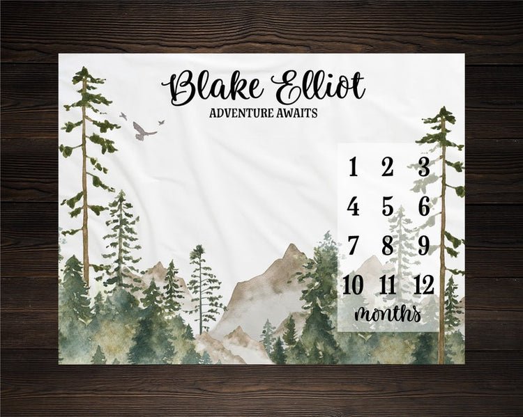 Mountains Baby Milestone Blanket Customized Name For Baby Boy Girl Nursery, Son, Grandson, Daughter, Granddaughter