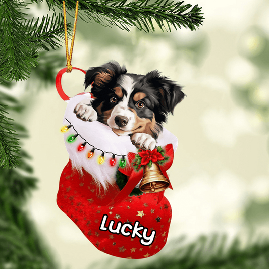 Custom Dog Acrylic Christmas Ornament, Personalized Miniature American Shepherd In Stocking Christmas Acrylic Ornament for Dog Lover