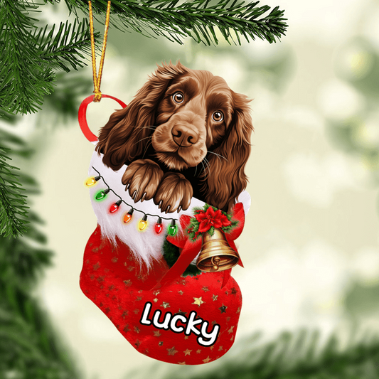 Custom Dog Acrylic Christmas Ornament, Personalized Field Spaniel In Stocking Christmas Acrylic Ornament for Dog Lover, New Year