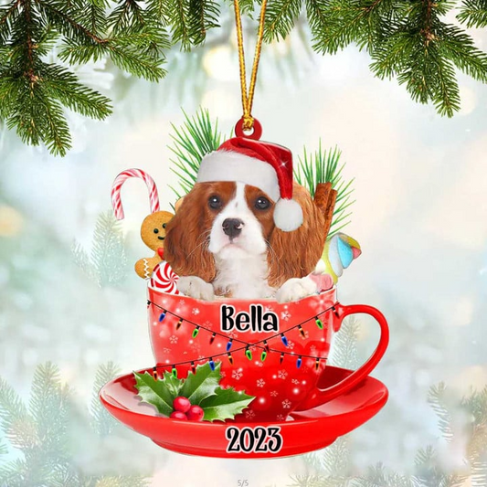 Custom Dog Acrylic Christmas Ornament, Personalized Cute Cavalier King Charles Spaniel & Santa Hat In Red Cup Acrylic Ornament for Dog Lover