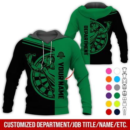Customized Name & Department Darts Premium Hoodie, Man Playing Darts Pattern Black Hoodie, Perfect Gift For Darts Lovers, Friend, Family