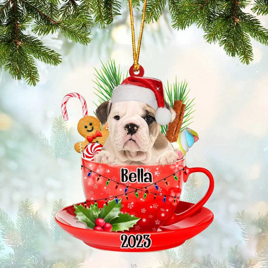 Custom Dog Acrylic Christmas Ornament, Personalized Old English Bulldog & Santa Hat In Red Cup Acrylic Ornament for Dog Lover