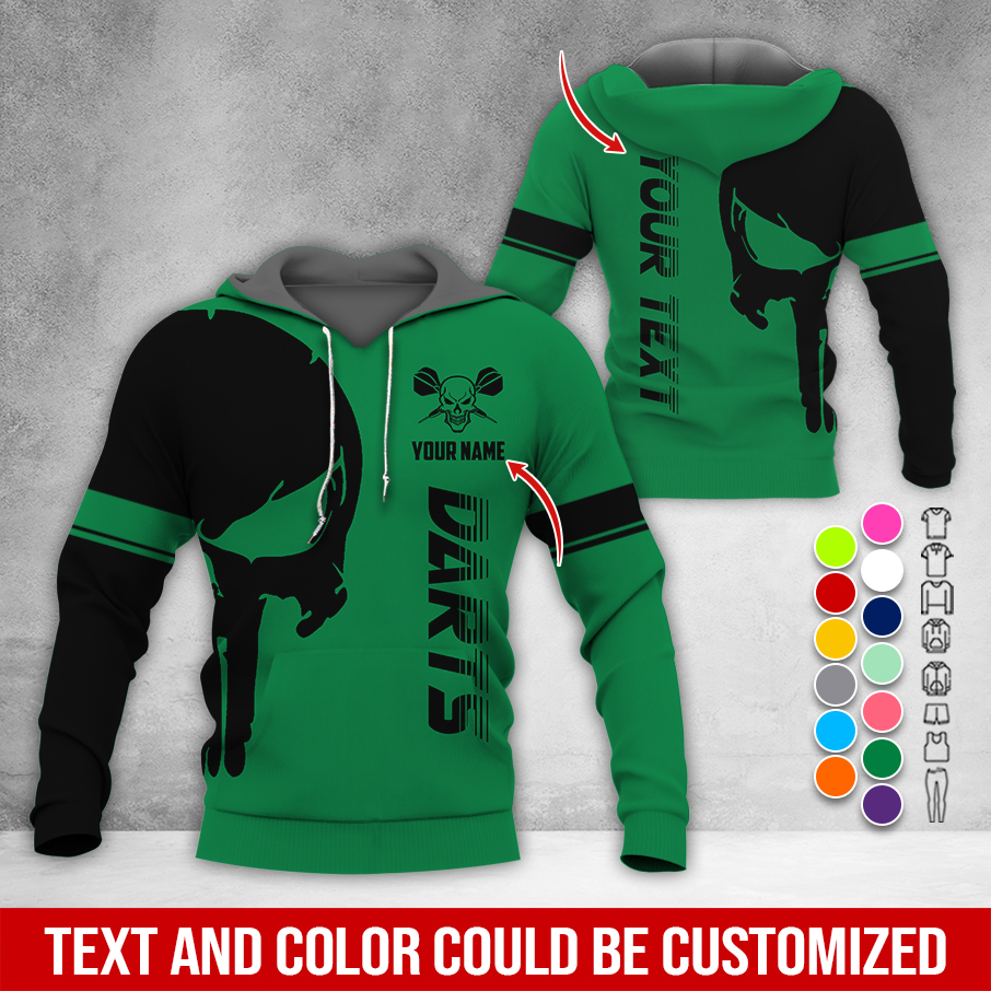 Customized Name & Text Darts Skull Premium Hoodie, Skull & Darts Pattern Hoodie, Perfect Gift For Darts Lovers, Friend, Family