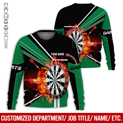 Customized Darts Sweatshirt, Personalized Name Darts Sweatshirt, Flaming Darts Pattern Sweatshirt, Perfect Gift For Darts Lovers, Darts Player