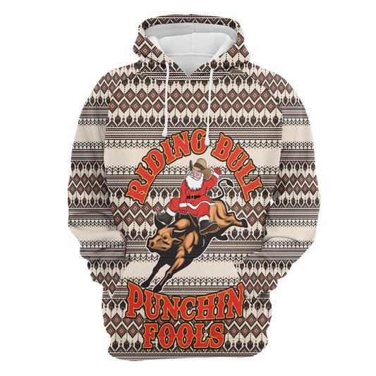 Santa Riding Bulls Pullover Premium Hoodie Punchin Fools , Perfect Outfit For Men And Women On Christmas New Year Autumn Winter