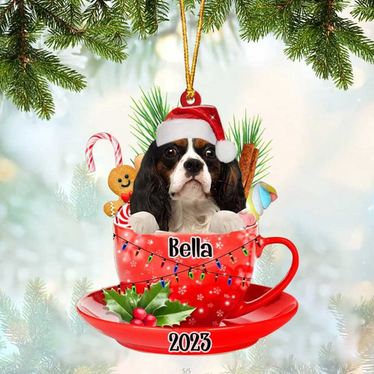 Custom Dog Acrylic Christmas Ornament, Personalized Cavalier King Charles Spaniel & Santa Hat In Red Cup Acrylic Ornament for Dog Lover