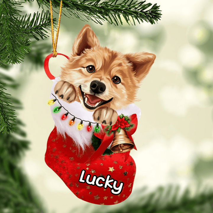 Custom Dog Acrylic Christmas Ornament, Personalized Finnish Spitz In Stocking Christmas Acrylic Ornament for Dog Lover, New Year