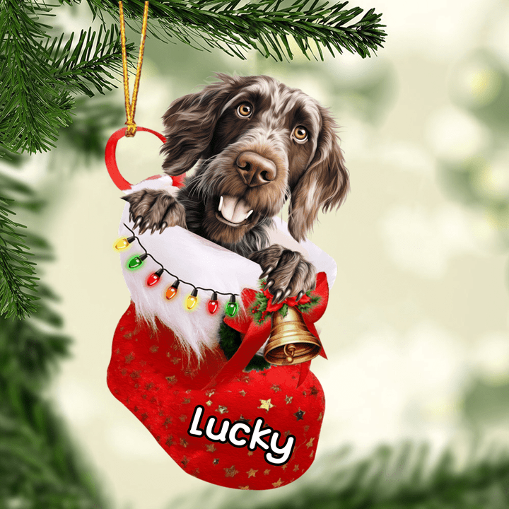 Custom Dog Acrylic Christmas Ornament, Personalized German Wirehaired Pointer In Stocking Christmas Acrylic Ornament for Dog Lover