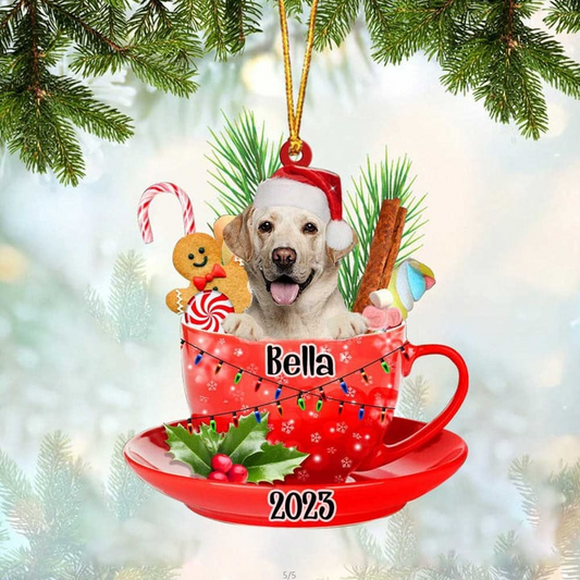 Custom Dog Acrylic Christmas Ornament, Personalized Smiling Labrador In Red Cup Acrylic Ornament for Dog Lover, Christmas, New Year