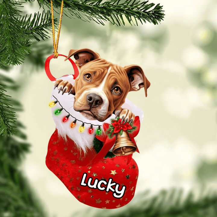 Custom Dog Acrylic Christmas Ornament, Personalized American Pit Bull Terrier in Christmas Stocking Acrylic Ornament for Dog Lover, New Year