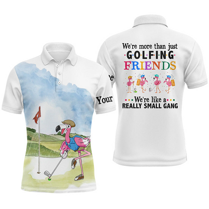 Custom Golf Long Sleeve Men Polo Shirt - Custom Funny Flamingo Apparel - We're More Than Just Golfing Friends - Personalized Gift For Men, Golf Lover