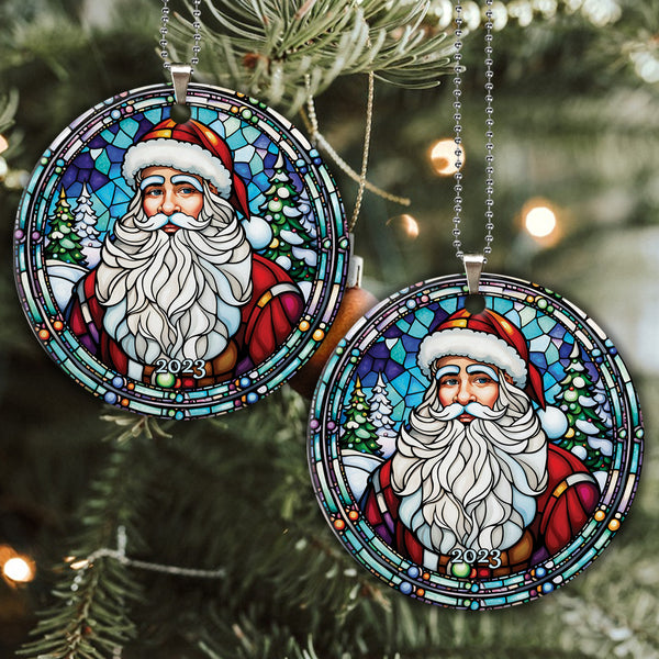 Santa Claus Ceramic Christmas Ornament - Santa Claus Stained Glass 2023 Circle Ceramic Ornament, Perfect Gift For Christmas, Holiday Decor