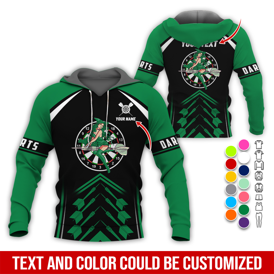 Personalized Name & Text Darts Premium Hoodie, Witch Riding Broom & Darts Hoodie, Perfect Gift For Darts Lovers, Friend, Family