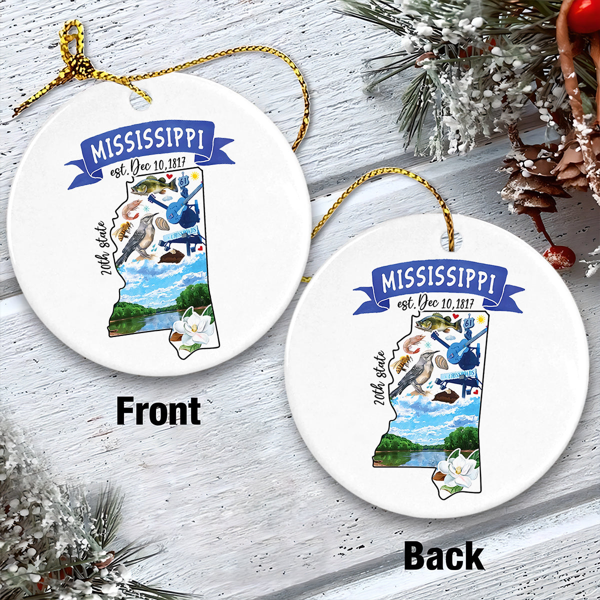 Mississippi Ceramic Christmas Ornament - Artistic Mississippi State Landmarks Circle Ceramic Ornament, Gift For Christmas, Holiday Decor