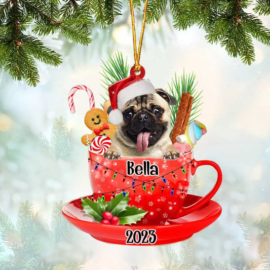 Custom Dog Acrylic Christmas Ornament, Personalized Cute Fawn Pug & Santa Hat In Red Cup Christmas Acrylic Ornament for Dog Lover