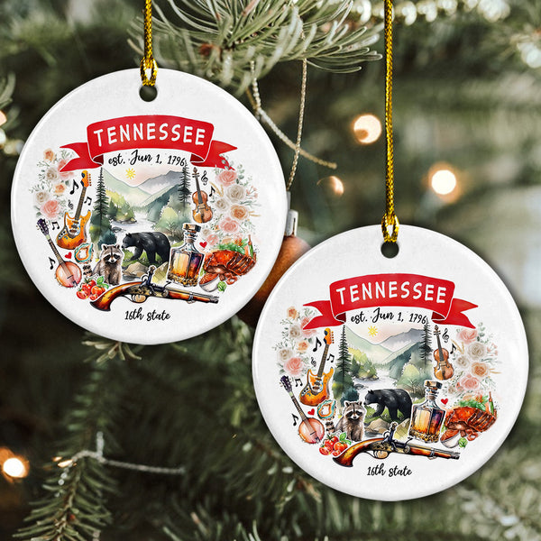 Tennessee State Ceramic Christmas Ornament - Tennessee State Themes And Landmarks Circle Ceramic Ornament, Perfect Gift For Christmas