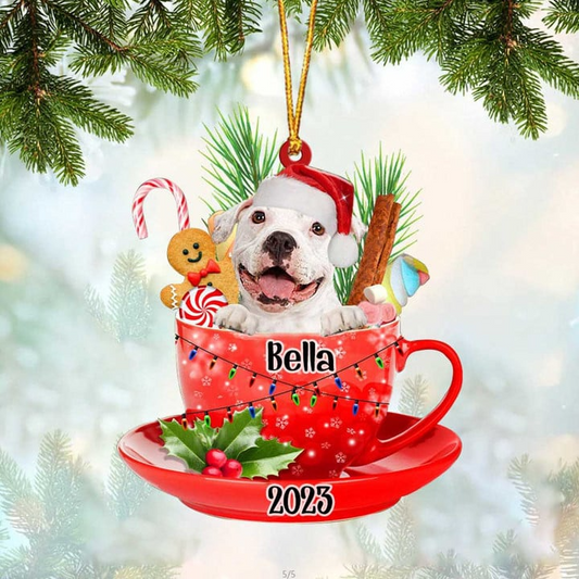 Custom Dog Acrylic Christmas Ornament, Personalized White Pitbull In Red Cup Acrylic Ornament for Dog Lover, Christmas, New Year