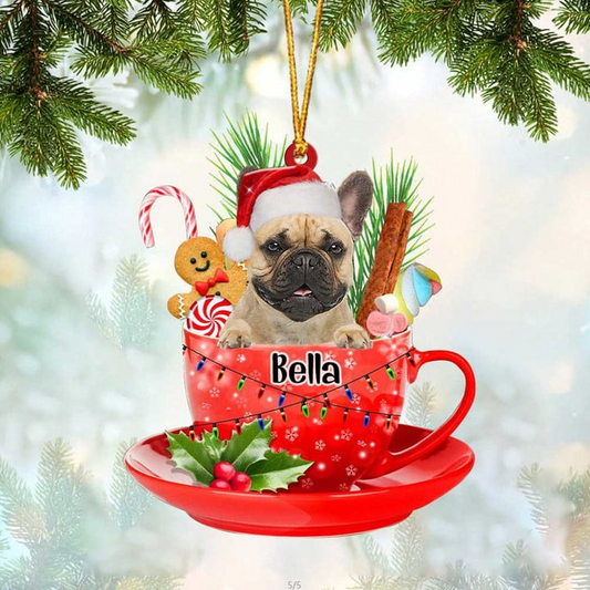 Custom Dog Acrylic Christmas Ornament, Personalized Awesome French Bulldog & Santa Hat In Red Cup Acrylic Ornament for Dog Lover, Christmas, New Year